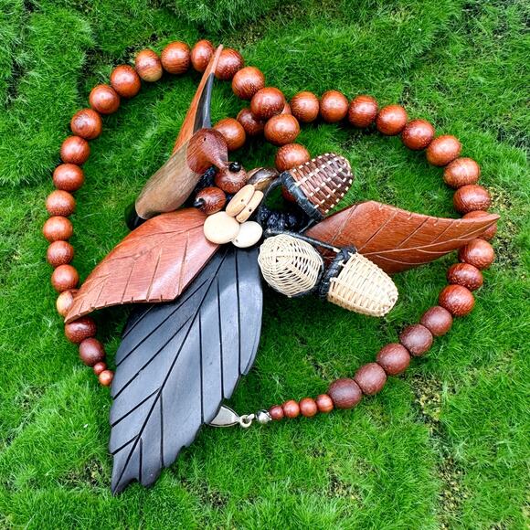 Carved Wood Hummingbird Statement Necklace Vtg Chunky Boho 1970s Beaded Handmade - Picture 4 of 13